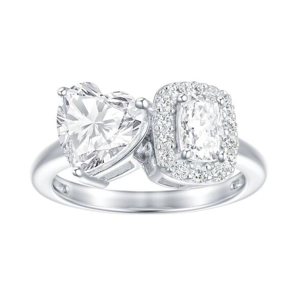 BNIB~3.45 Ct. DIAMONIQUE Heart & Cushion Halo Design Toi et Moi Ring Sz 8 - Picture 5 of 7